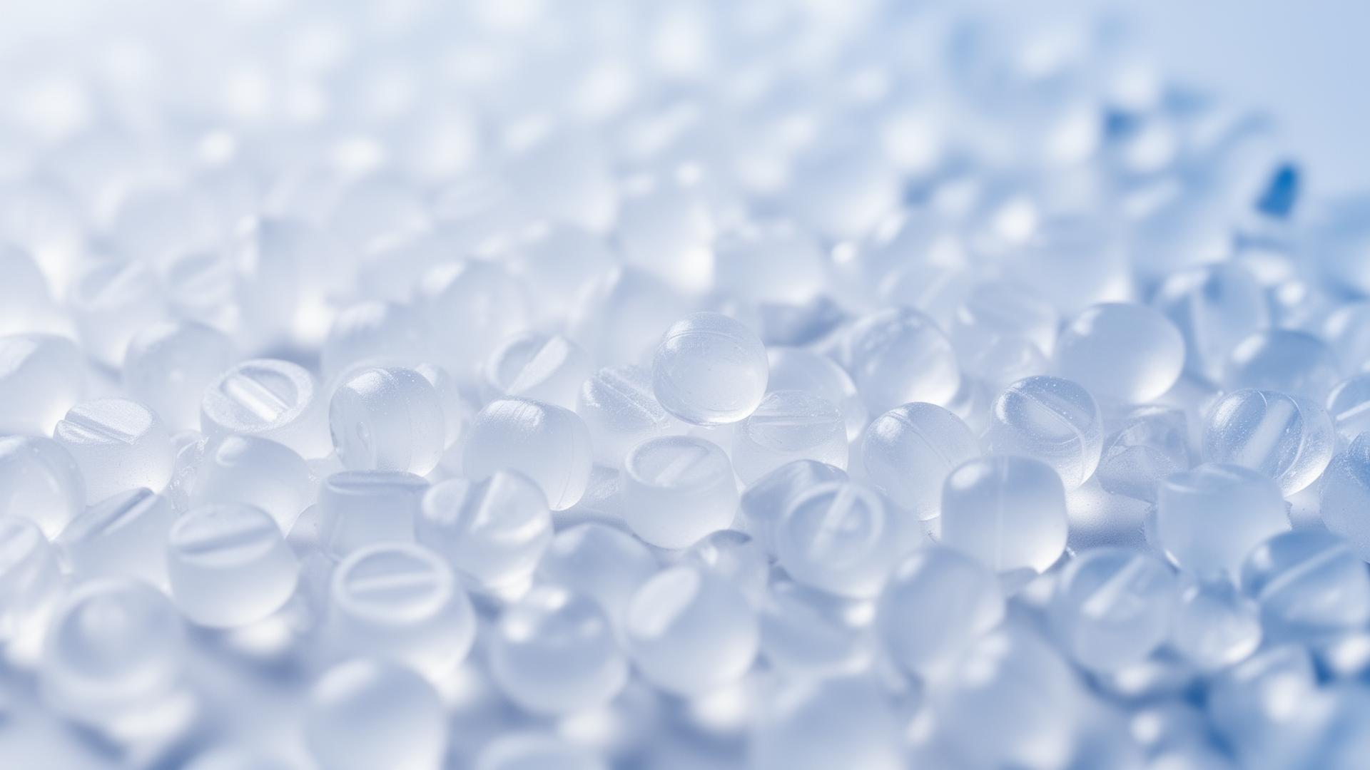 Macro view of translucent polymer pellets